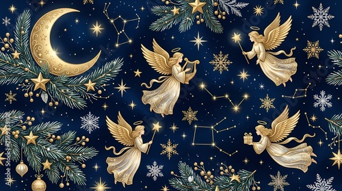 Celestial christmas pattern featuring moon angels and festive elements for a magical holiday atmosphere