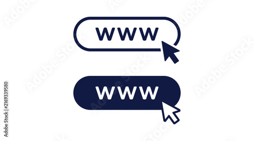 Professional website navigation vector buttons featuring dark blue www text labels with interactive mouse cursor icons