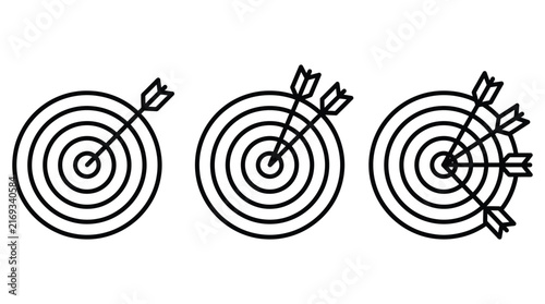 Minimalist vector illustration showing three circular targets with varying amounts of arrows hitting the bullseye