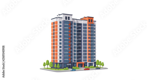 Modern Multi-Story Apartment Building Vector Illustration, Urban Residential Complex Isolated on White
