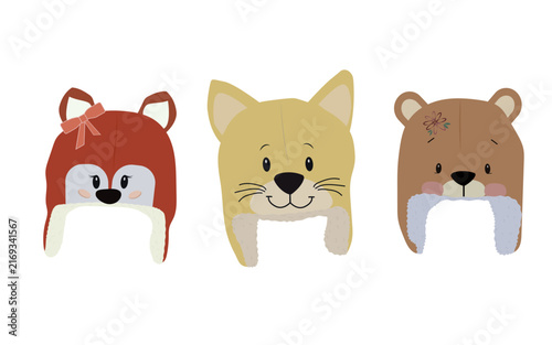 A cute set of three children's winter hats featuring animal designs