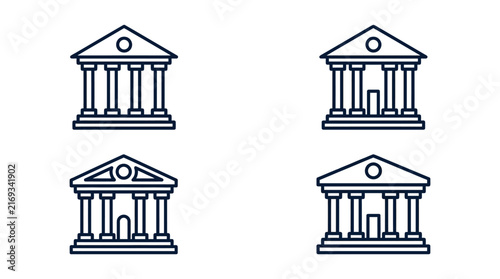 Minimalist bank building icons set showing classic architectural design elements in bold blue vector graphic style