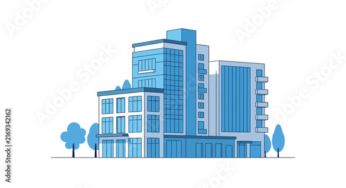 Modern blue office building flat illustration for corporate real estate and urban development.
