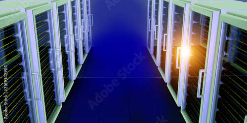 Futuristic AI Supercomputer Data Center with High Speed Digital Network Light Trails. Modern Data Center Server Room with High Performance Cloud Computing Infrastructure