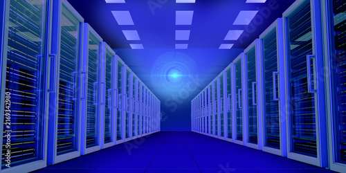 Futuristic AI Supercomputer Data Center with High Speed Digital Network Light Trails. Modern Data Center Server Room with High Performance Cloud Computing Infrastructure