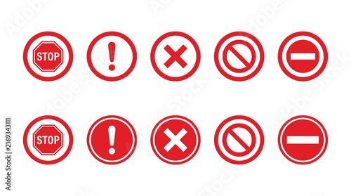 Red circular vector icons representing universal traffic warnings safety alerts and forbidden prohibition sign graphic designs