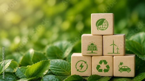 Eco blocks sustainability icons on green leaves background