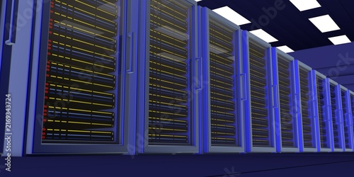 Futuristic AI Supercomputer Data Center with High Speed Digital Network Light Trails. Modern Data Center Server Room with High Performance Cloud Computing Infrastructure