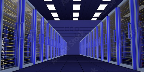 Futuristic AI Supercomputer Data Center with High Speed Digital Network Light Trails. Modern Data Center Server Room with High Performance Cloud Computing Infrastructure