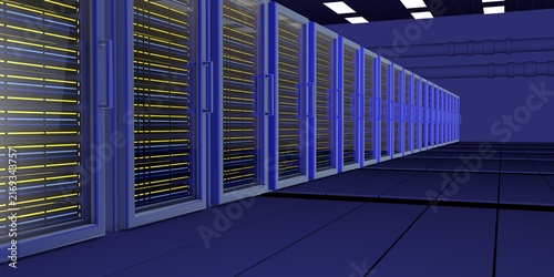 Futuristic AI Supercomputer Data Center with High Speed Digital Network Light Trails. Modern Data Center Server Room with High Performance Cloud Computing Infrastructure