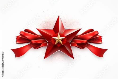 Red star medal with a golden star and red award ribbons, symbolizing victory and honor