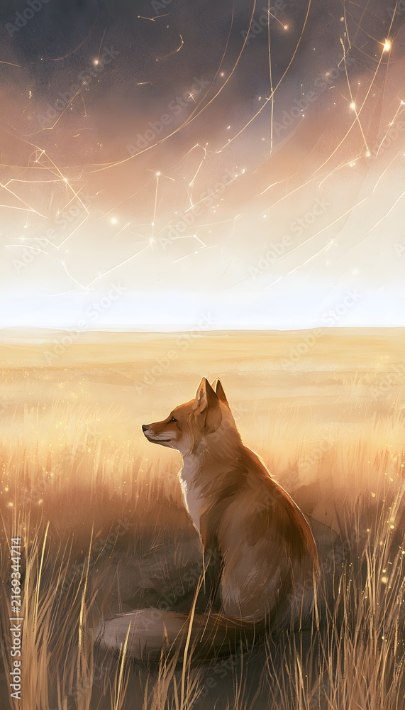 Naklejka premium Majestic Watercolor Fox Sitting in Golden Grass Under a Glowing Twilight Sky with Ethereal Stars