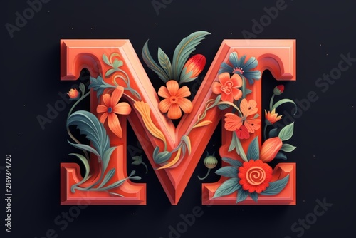 Letter m on dark background with 3d floral elements and detailed leaves