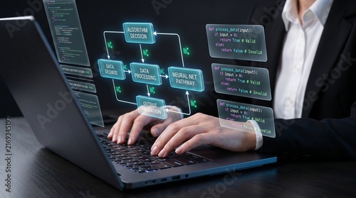 Obraz na płótnie ai algorithm decision and data processing concept showing software developer using laptop with neural network pathways, code panels, and output validation workflow