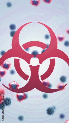 Animation of virus cells over biohazard symbol