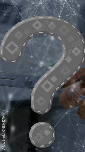Animation of question mark over network of connections and hand holding tongs