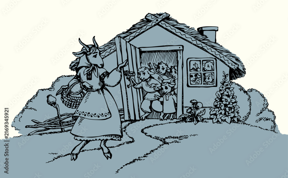 Naklejka premium A goat and kids in a house. Vector illustration