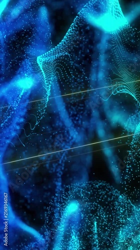 Animation of glowing blue digital wave over neon rugby pitch layout against black background