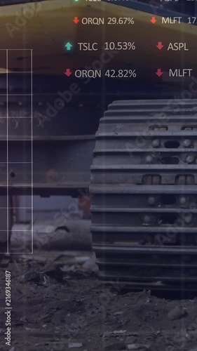 Animation of stock market data processing over hydraulic vehicle operating at junkyard