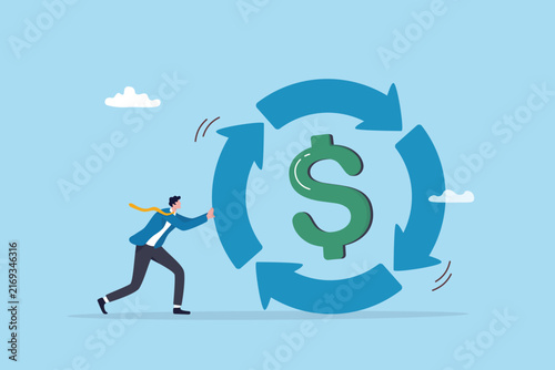 Recurring revenue, money profit cycle or passive income investment, repeat transaction payment, financial gain, investment return, salary, businessman push cycle recurring revenue dollar cycle.