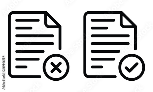 Minimalist black line icons of paper documents showing a checkmark for approval and a cross for rejection on a white background.