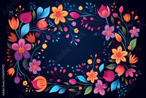 Colorful blooming flowers and leaves creating a decorative border on a dark background