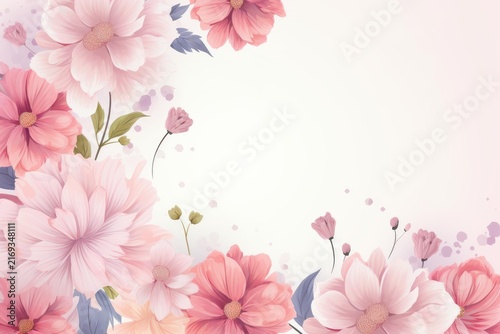Delicate pink flowers forming a beautiful watercolor frame against a soft light background