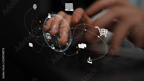 Canvas Print Visualization of global digital communication and online across multiple platforms, including global network, digital network, communication network, and online network