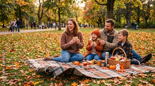 Happy family enjoying a joyful autumn picnic, eating sandwiches in a park covered with colorful fall foliage.