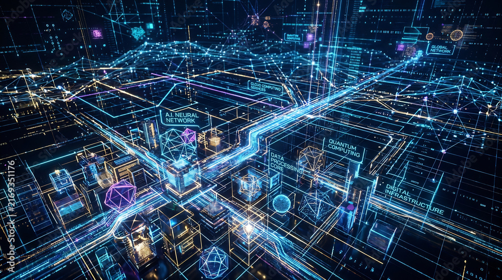 Fototapeta premium Abstract digital grid with glowing data lines and geometric structures, representing artificial intelligence, big data, cloud computing, digital infrastructure, data processing
