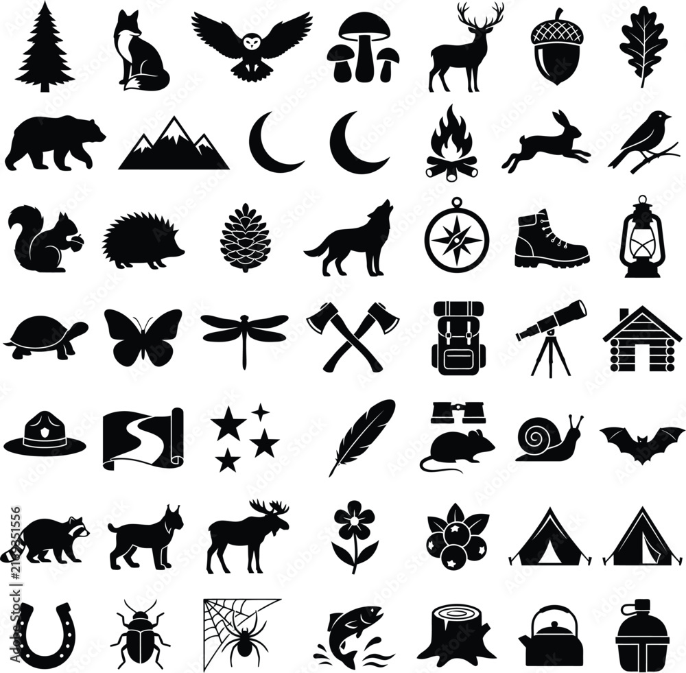 Obraz premium Adventure and camping icon set with wild animals mountains and equipment for outdoor design projects