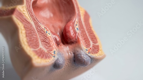 Anatomical model of human rectum showing internal and external hemorrhoids for medical study.