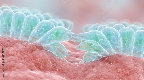 Close-up medical illustration of regenerating intestinal epithelial cells healing tissue gap in gut lining