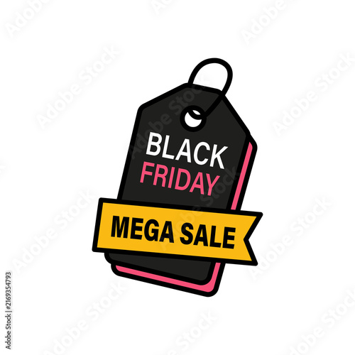 Bild auf Leinwand Black friday mega sale tag icon with a black label and yellow ribbon isolated on