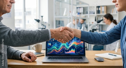 Business Handshake over a Laptop Displaying Data Graphs