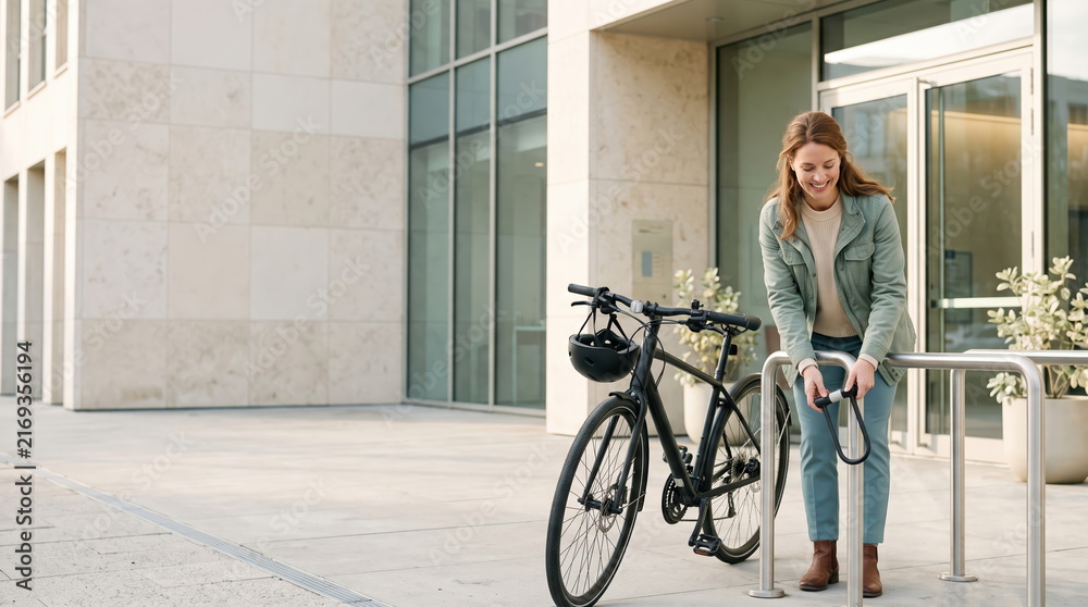 Fototapeta premium Professional woman locking her bicycle at the office for a sustainable commute