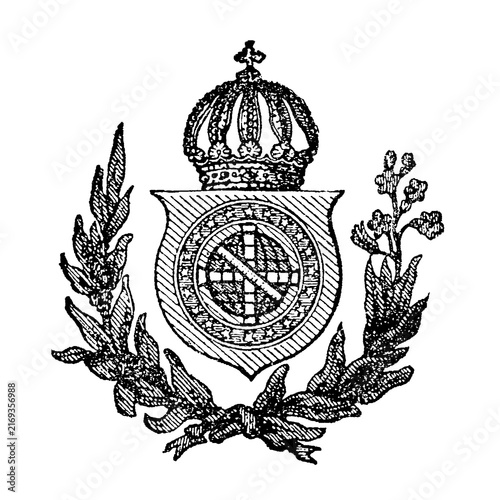 Принти на полотні Brazilian coat of arms with crown and foliage, old vintage illustration, 1894