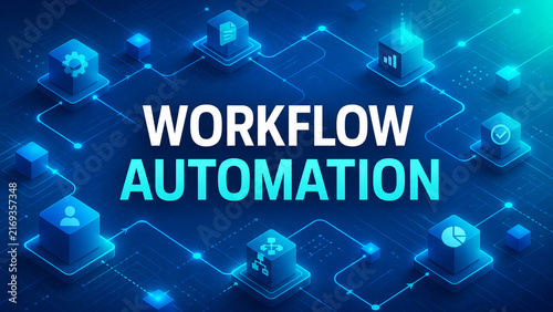 Glowing blue workflow automation interface with connected process icons, analytics, documents and approval symbols in a futuristic digital network.