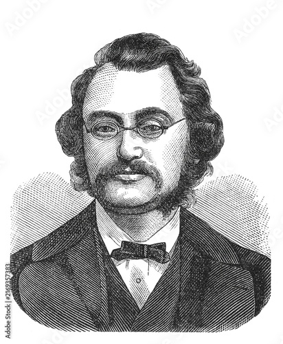Max Bruch with spectacles and mutton chops, Victorian-era line art, old vintage illustration.