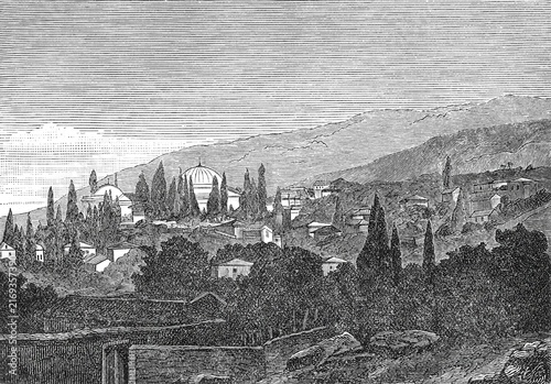 Rooftops of Bursa with domed structures and mountains, old vintage illustration, 1894.