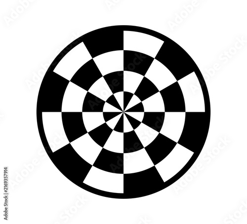 Checkered circle icon. Circle with checkerboard geometric pattern. Optical chess round sign with radiating lines and black and white squares. Vector illustration on white background.