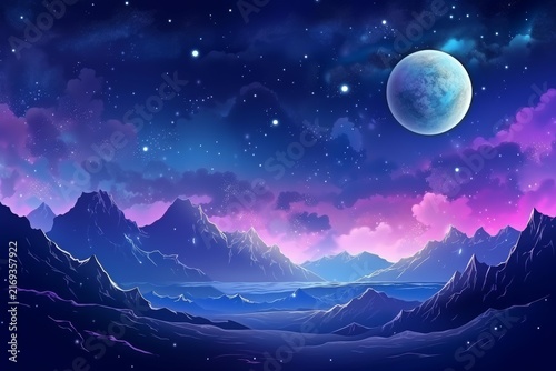 Exoplanet panorama displaying majestic mountains and a vibrant cosmic night sky