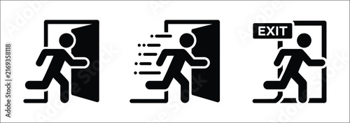 Bild auf Leinwand Emergency exit icon collection, black running man silhouettes with open doors, f