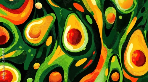 Vibrant and abstract avocado pattern with fresh, Bright and abstract avocado motif with fresh green tones