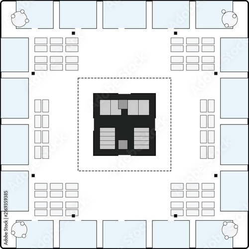 Commercial Architectural CAD Floor Plan with Central Atrium Workstations and Perimeter Rooms