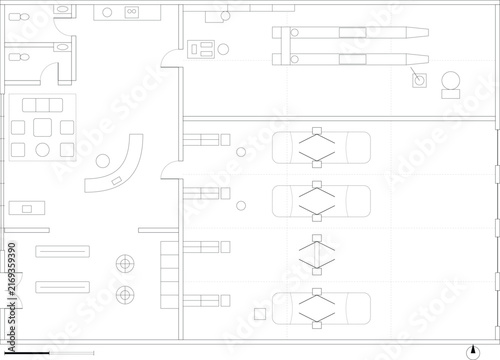 Commercial Architectural CAD Floor Plan with Open Workspace Meeting Areas and Service Rooms