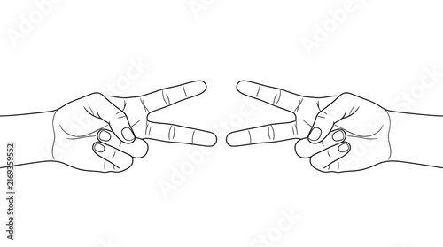 Two human hands are shown in a line art illustration style, both making a peace sign gesture facing each other against a clean white background.