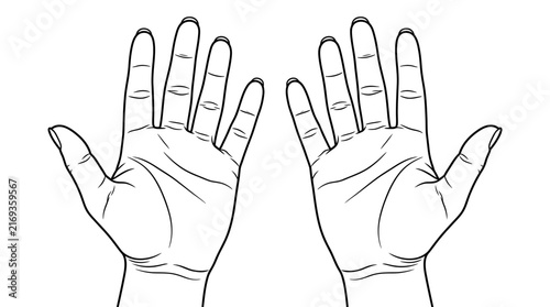 A minimalist black and white line art illustration depicts two open human hands facing forward against a clean white background.
