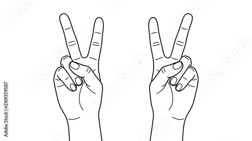 A minimalistic black and white line art illustration of two hands raised, making the peace or victory sign with two fingers extended against a plain white background.