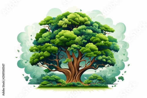 Lush green tree thriving on green grass with gentle clouds and natural elements